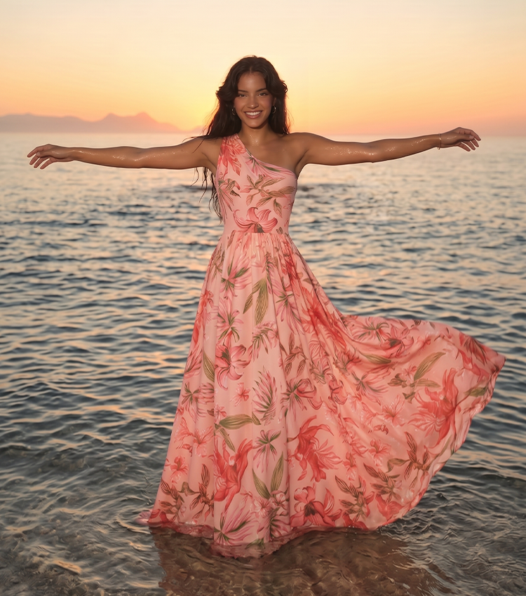 One Shoulder Pink Lily Print Swimsuit Set(s)