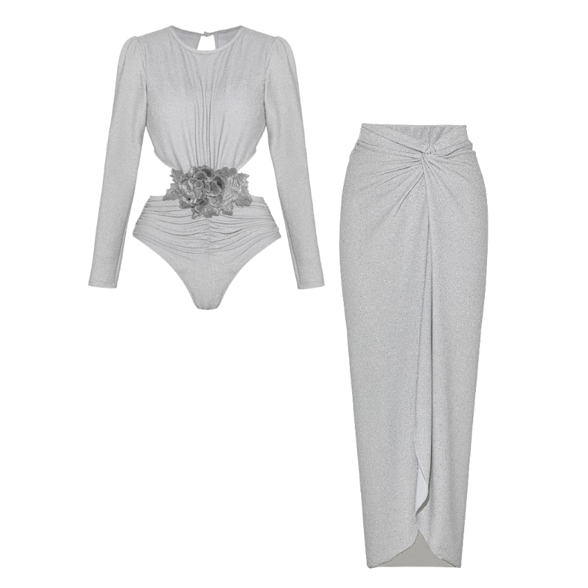 Plus Size Silver Embroidered Long Sleeves Cutout Swimsuit and Sarong
