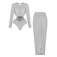 Plus Size Silver Embroidered Long Sleeves Cutout Swimsuit and Sarong