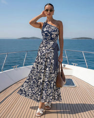 One Shoulder Ruched Blue Printed Swimsuit Set(s)