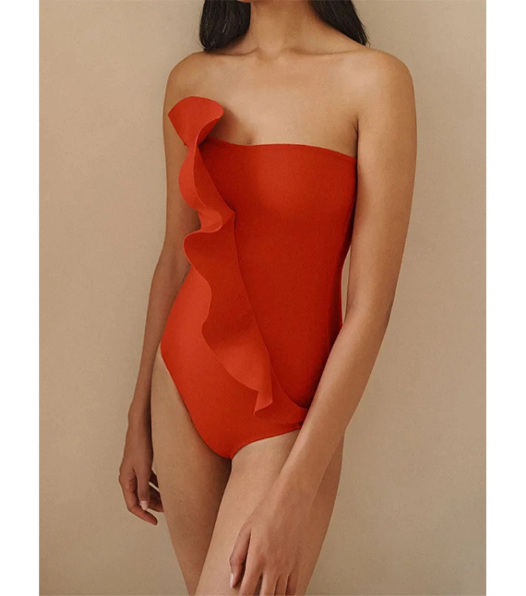 Off Shoulder Color Block Ruffle Decor One Piece Swimsuit and Skirt Flaxmaker