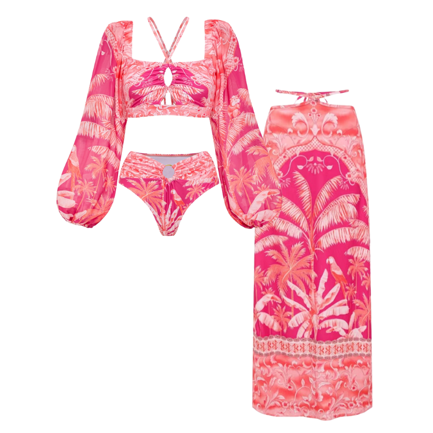 Plus Size Long-sleeved Tropical Jungle Print Bikini Swimsuit and Sarong Flaxmaker
