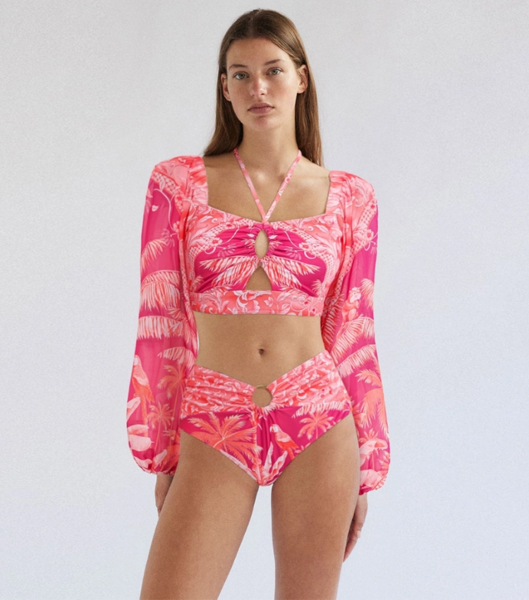 Plus Size Long-sleeved Tropical Jungle Print Bikini Swimsuit and Sarong Flaxmaker