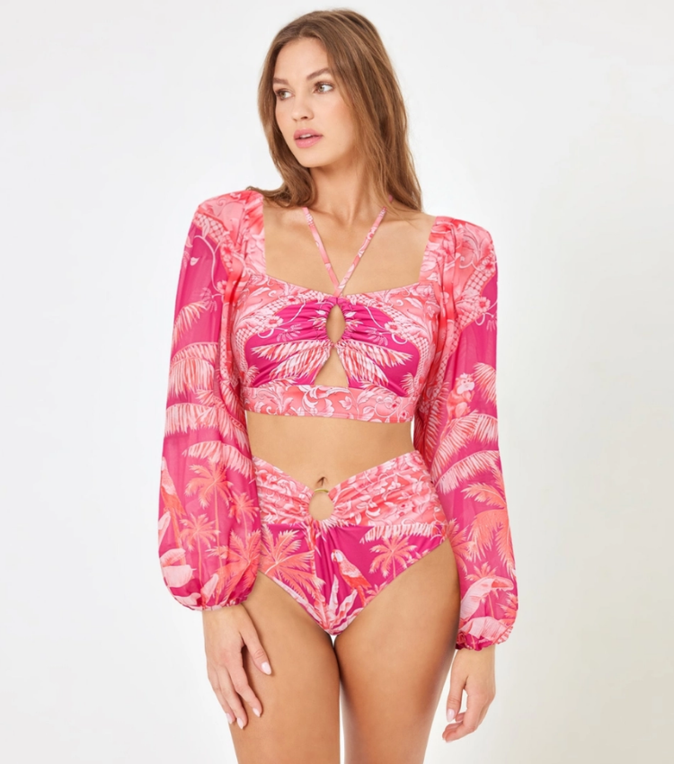 Plus Size Long-sleeved Tropical Jungle Print Bikini Swimsuit and Sarong Flaxmaker