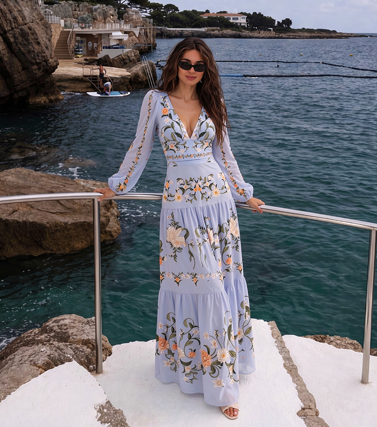 V Neck Long Sleeves Print Swimsuit Set(s)