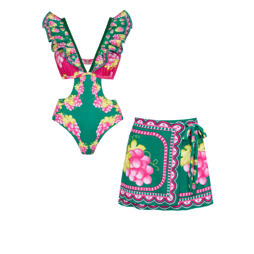 Plus Size Ruffled Deep V Cutout Retro Green Grapes Print One Piece Swimsuit and Skirt