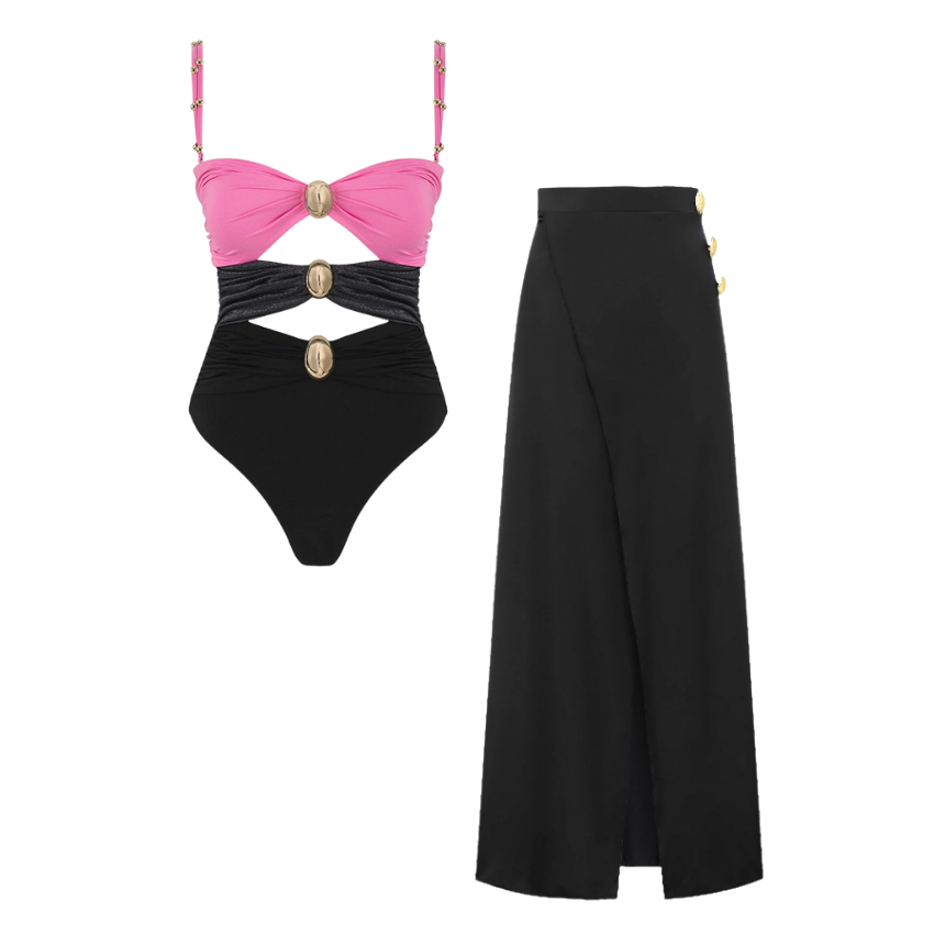 Plus Size Color Block One Piece Swimsuit And Sarong