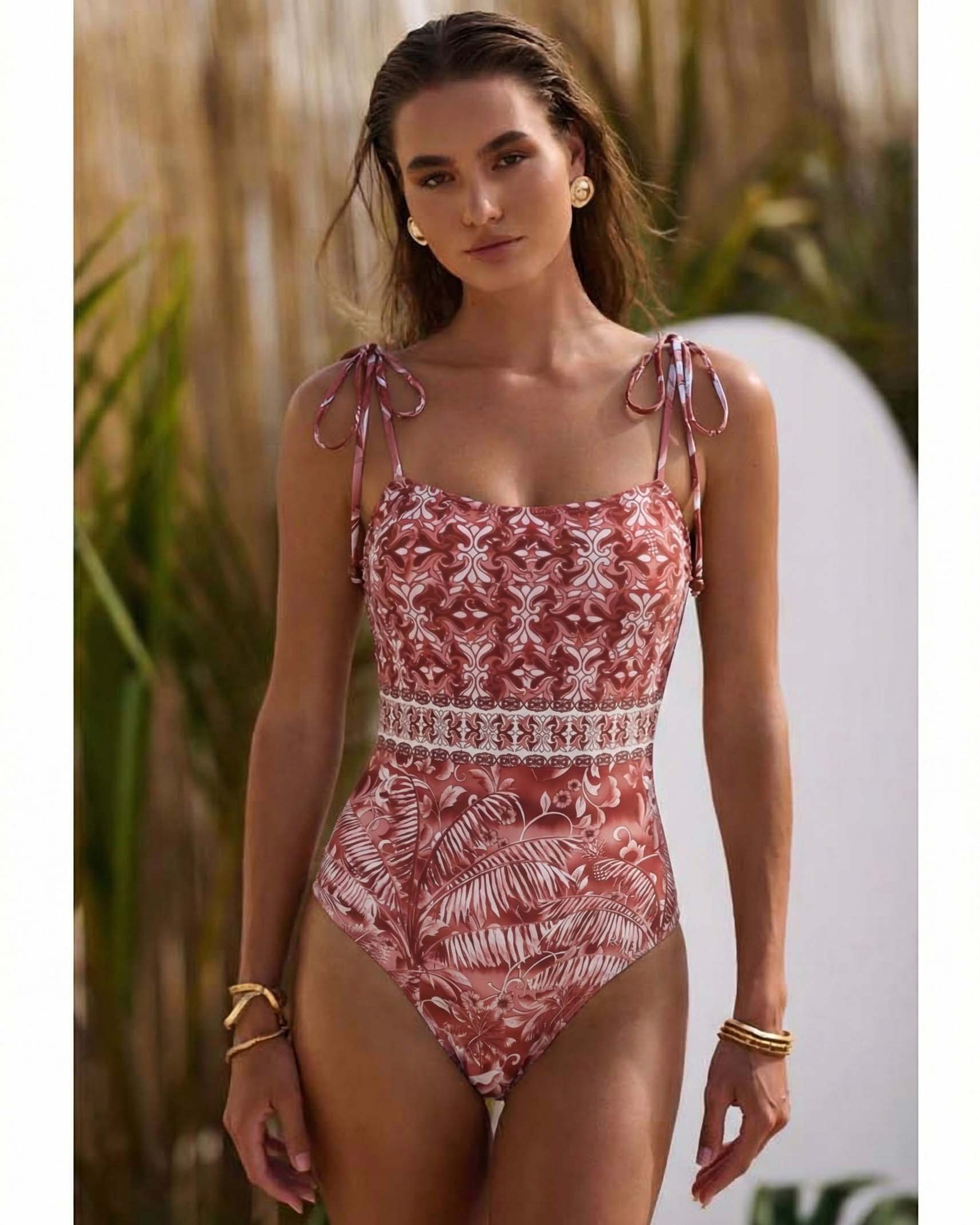 Plus Size Tie-up Retro Forest Print One Piece Swimsuit and Skirt