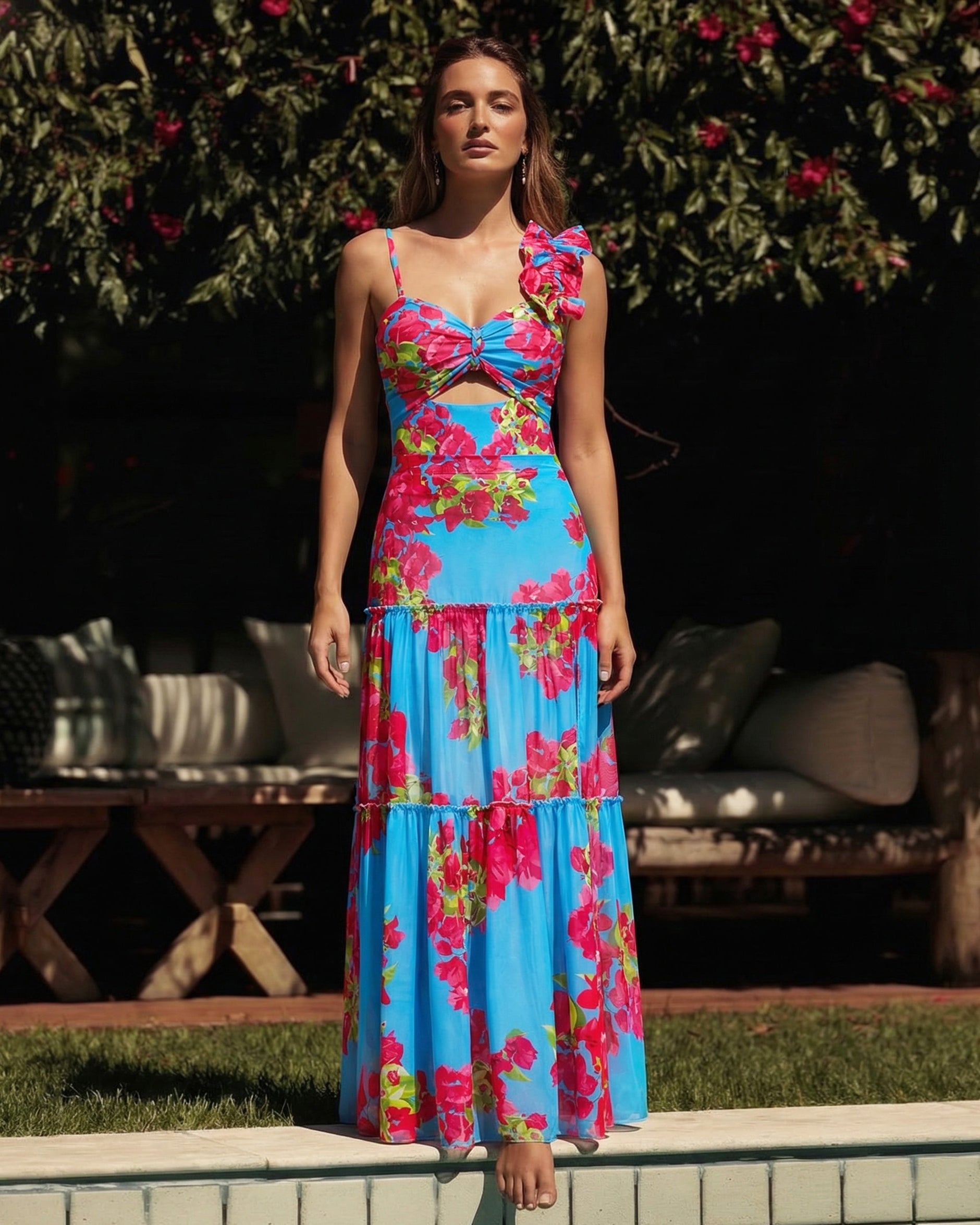 Plus Size Ruffle Removable Shoulder Strap Pink Bougainvillea Flower Swimsuit and Skirt