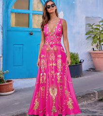 Hollow Metallic Pattern Printing One Piece Swimsuit and Skirt