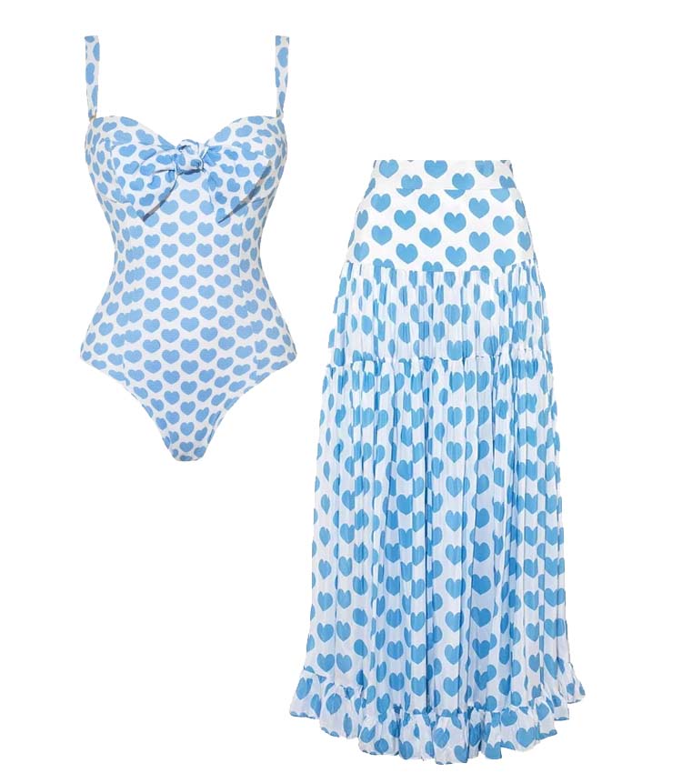 Plus Size Bowknot Heart Print One Piece Swimsuit and Skirt