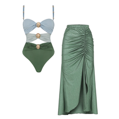 Plus Size Color Block Cutout One Piece Swimsuit and Sarong