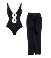 Plus Size Cutout V Neck Color Block One Piece Swimsuit And Sarong Flaxmaker