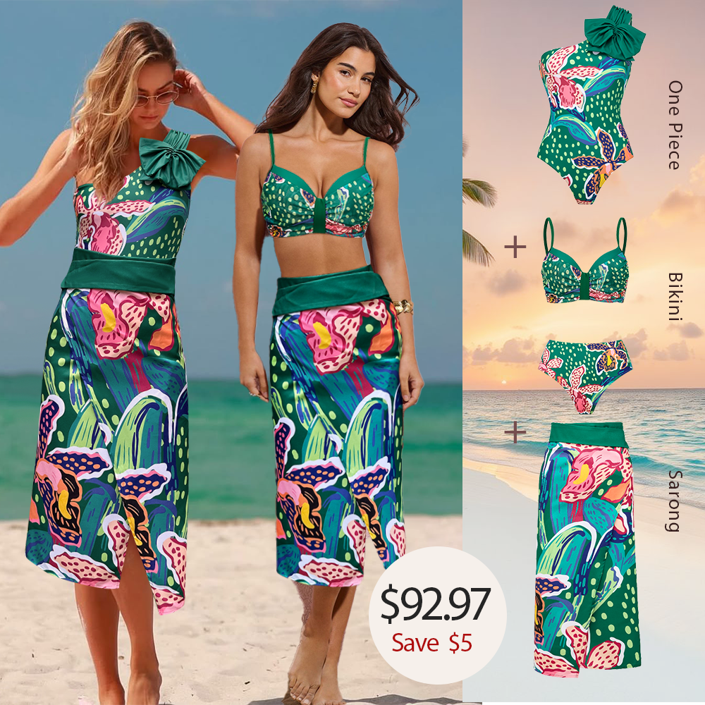 Tropic Printed One Shoulder One Piece Swimsuit and Sarong Flaxmaker