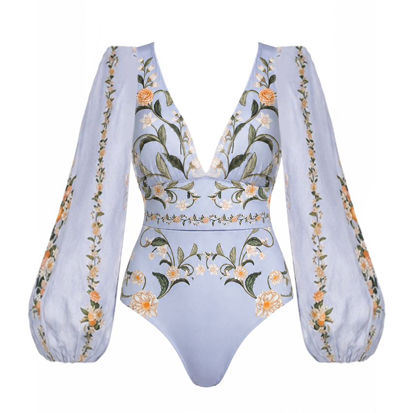 V Neck Long Sleeves Print Swimsuit Set(s)