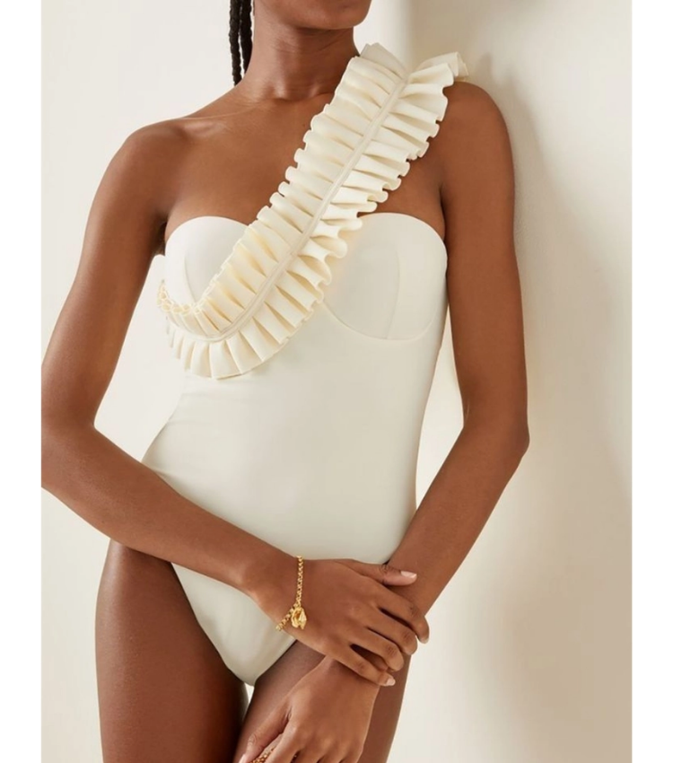 Plus Size One Shoulder Ruffle White One Piece Swimsuit and Skirt Flaxmaker