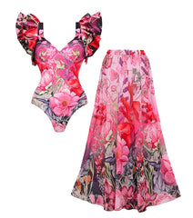 Plus Size Ruffled Blooming Flowers Print One Piece Swimsuit and Sarong
