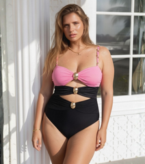 Plus Size Color Block One Piece Swimsuit And Sarong