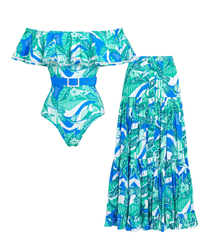Plus Size Off Shoulder Ruffled Printed One Piece Swimsuit and Skirt