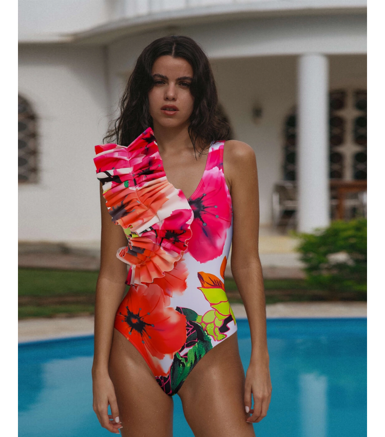 Ruffled Floral Print One Piece Swimsuit and Skirt Flaxmaker