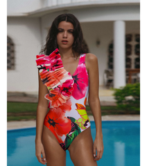 Ruffled Floral Print One Piece Swimsuit and Skirt Flaxmaker