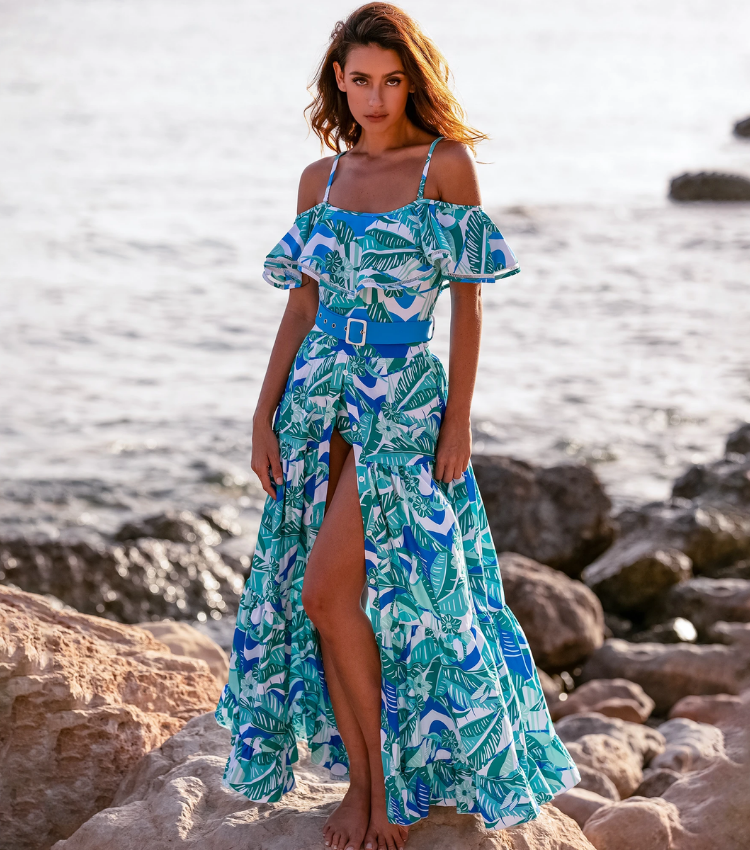 Plus Size Off Shoulder Ruffled Printed One Piece Swimsuit and Skirt