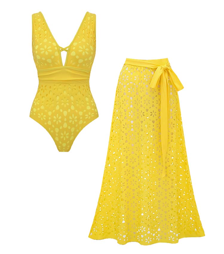 Plus Size Laser Cutting Flower Hollow One Piece Swimsuit and Skirt
