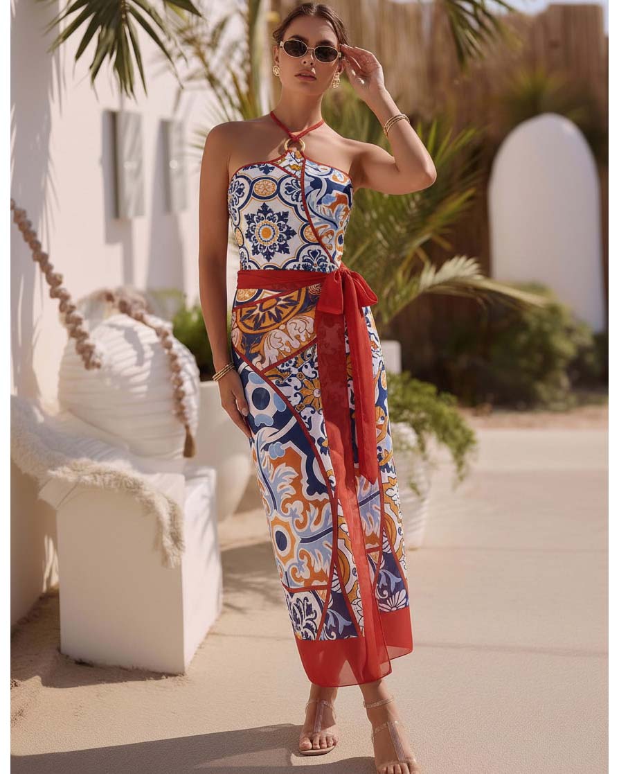 Plus Size Printed Halter One Piece Swimsuit and Sarong Flaxmaker