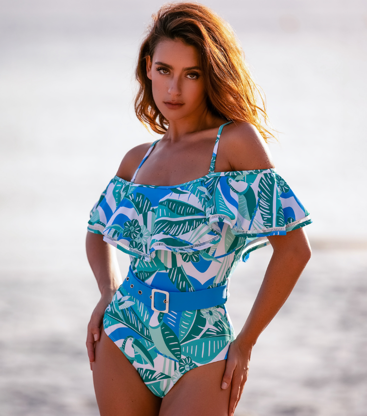 Plus Size Off Shoulder Ruffled Printed One Piece Swimsuit and Skirt