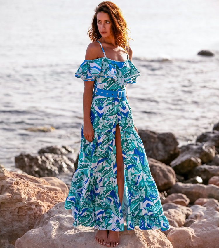 Plus Size Off Shoulder Ruffled Printed One Piece Swimsuit and Skirt