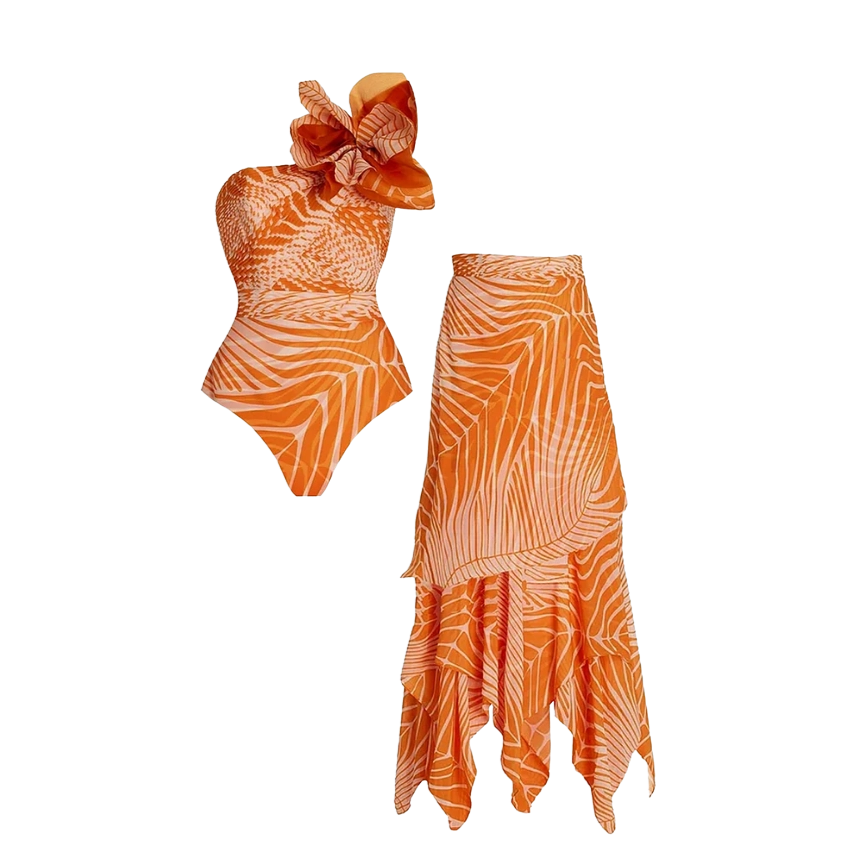 Plus Size 3D Flower Printed One Piece Swimsuit and Skirt Flaxmaker