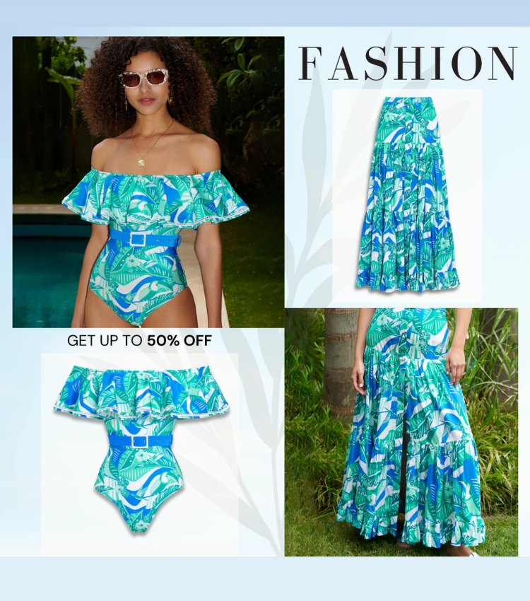 Off Shoulder Ruffled Printed One Piece Swimsuit and Skirt