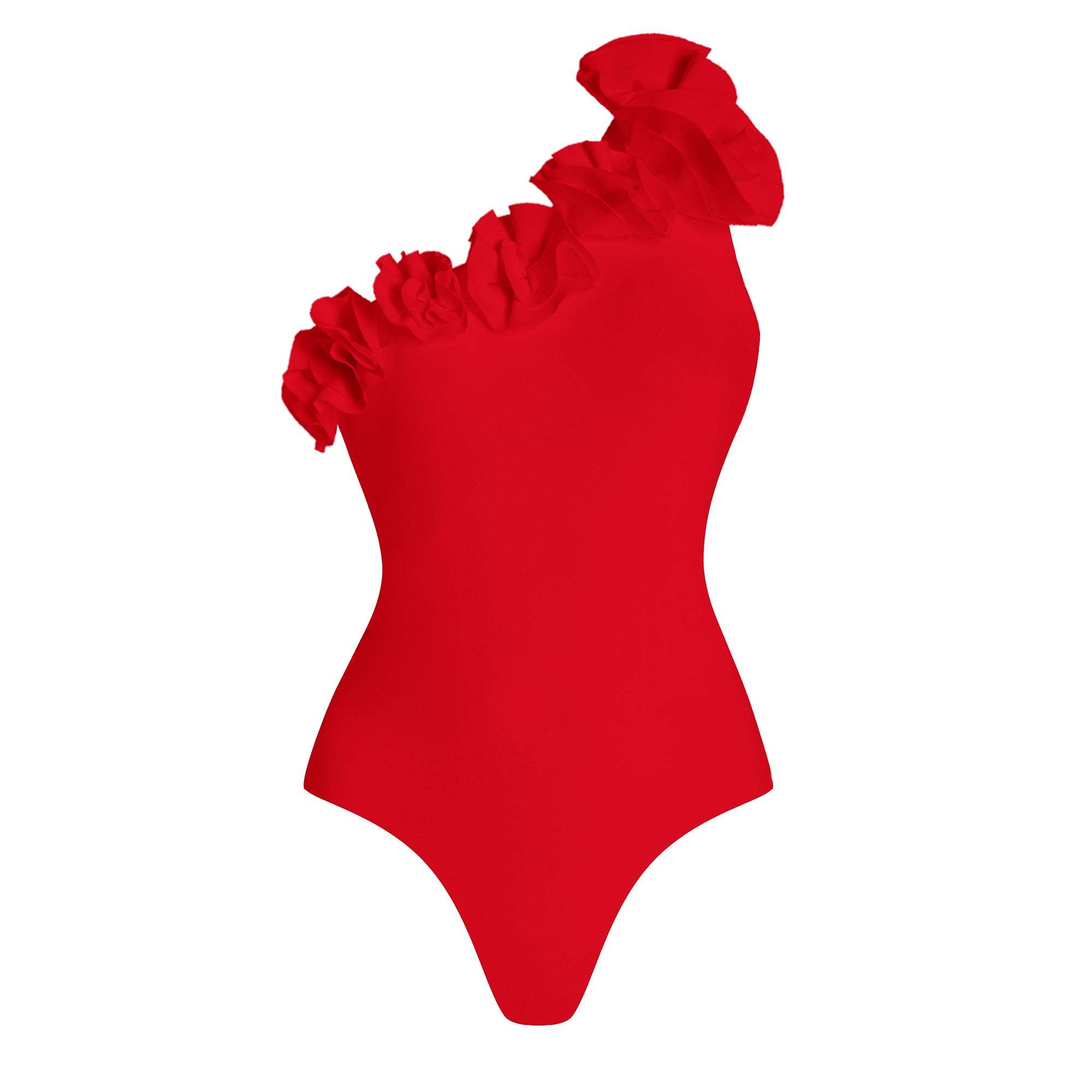 Plus Size One Shoulder 3D Flower Red Solid Color One Piece Swimsuit and Skirt