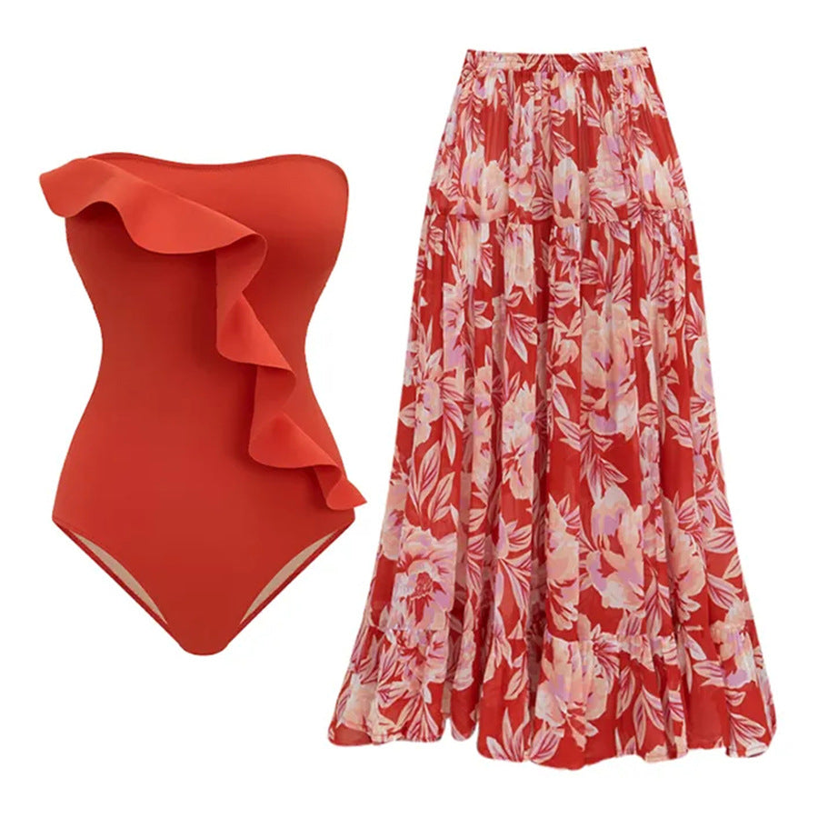Off Shoulder Color Block Ruffle Decor One Piece Swimsuit and Skirt Flaxmaker