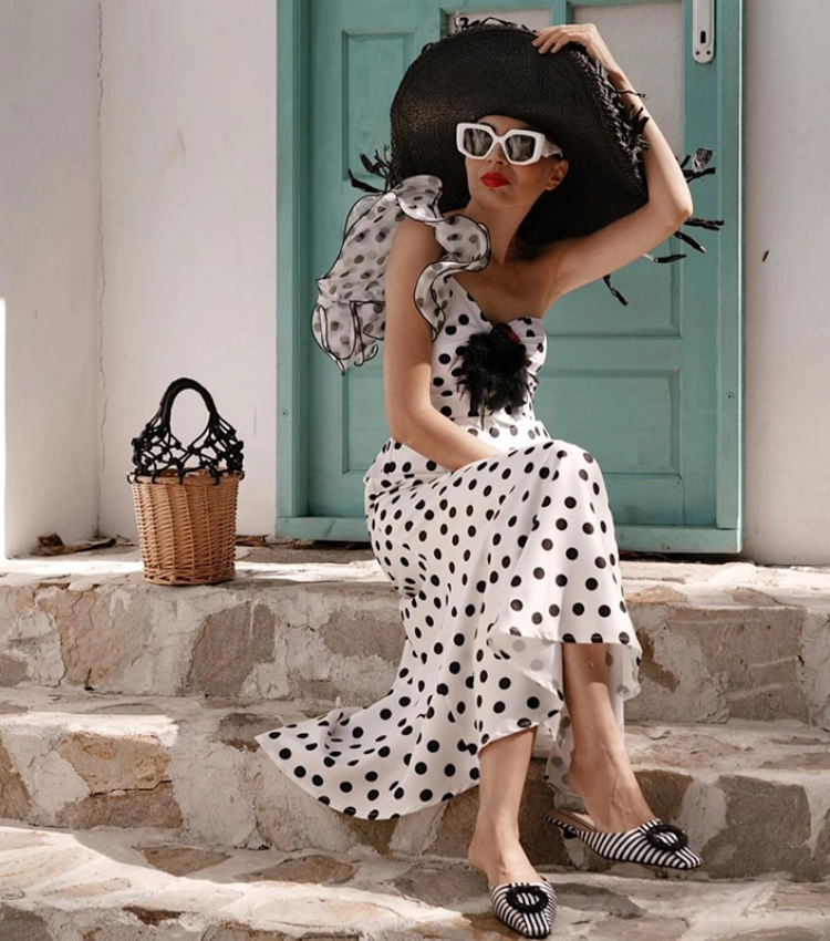 One Shoulder Ruffle Dot Printed Cut Out One Piece Swimsuit and Skirt Flaxmaker