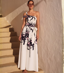 One Shoulder Black and White Blossom Print One Piece Swimsuit and Pants
