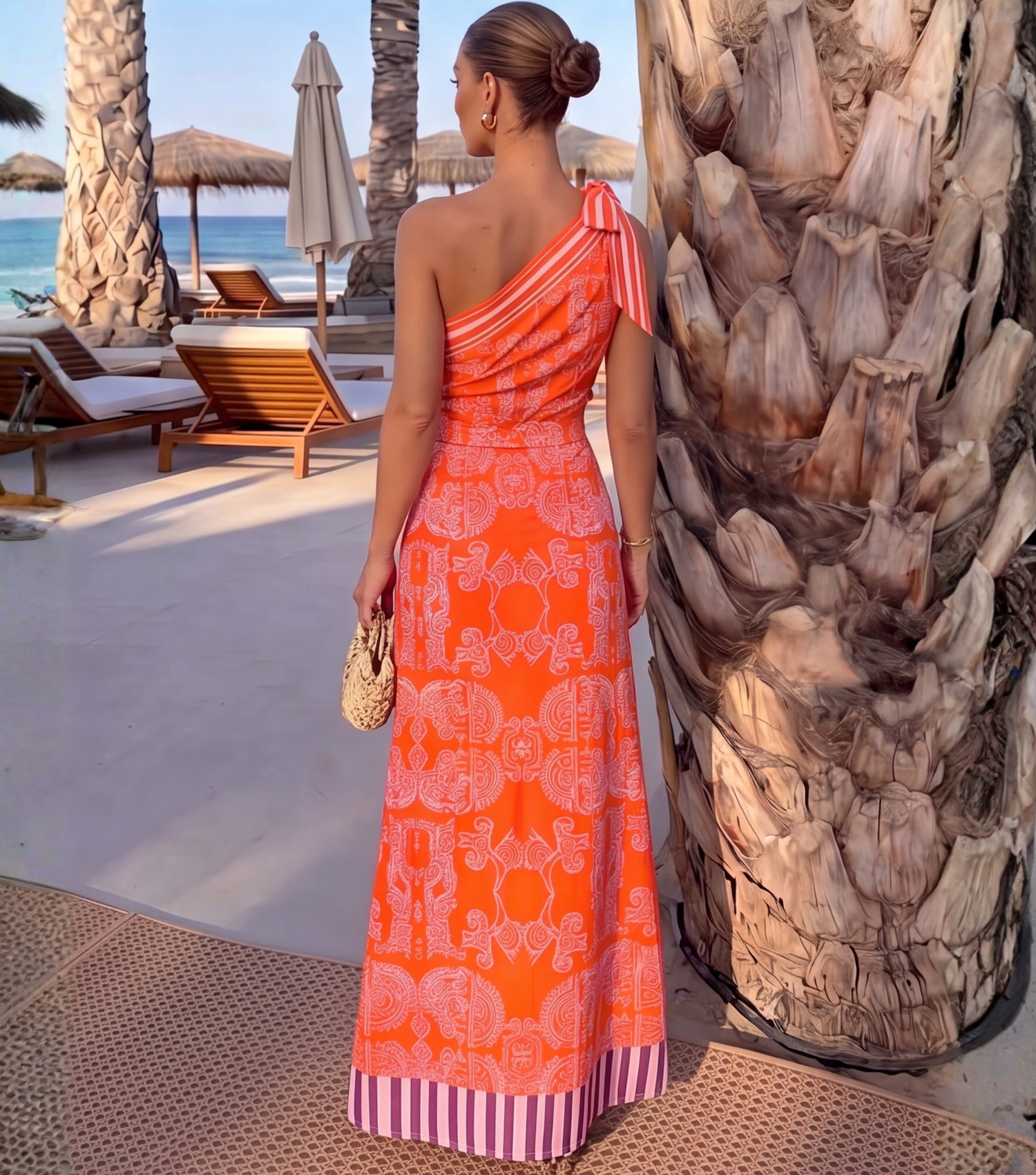 One Shoulder Bow Tie Striped Tribal Print Swimsuit Set(s)