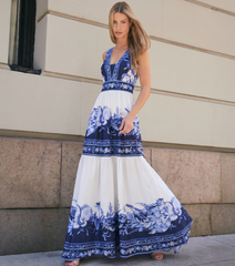 Blue and White Porcelain Print V Neck One Piece Swimsuit and Skirt