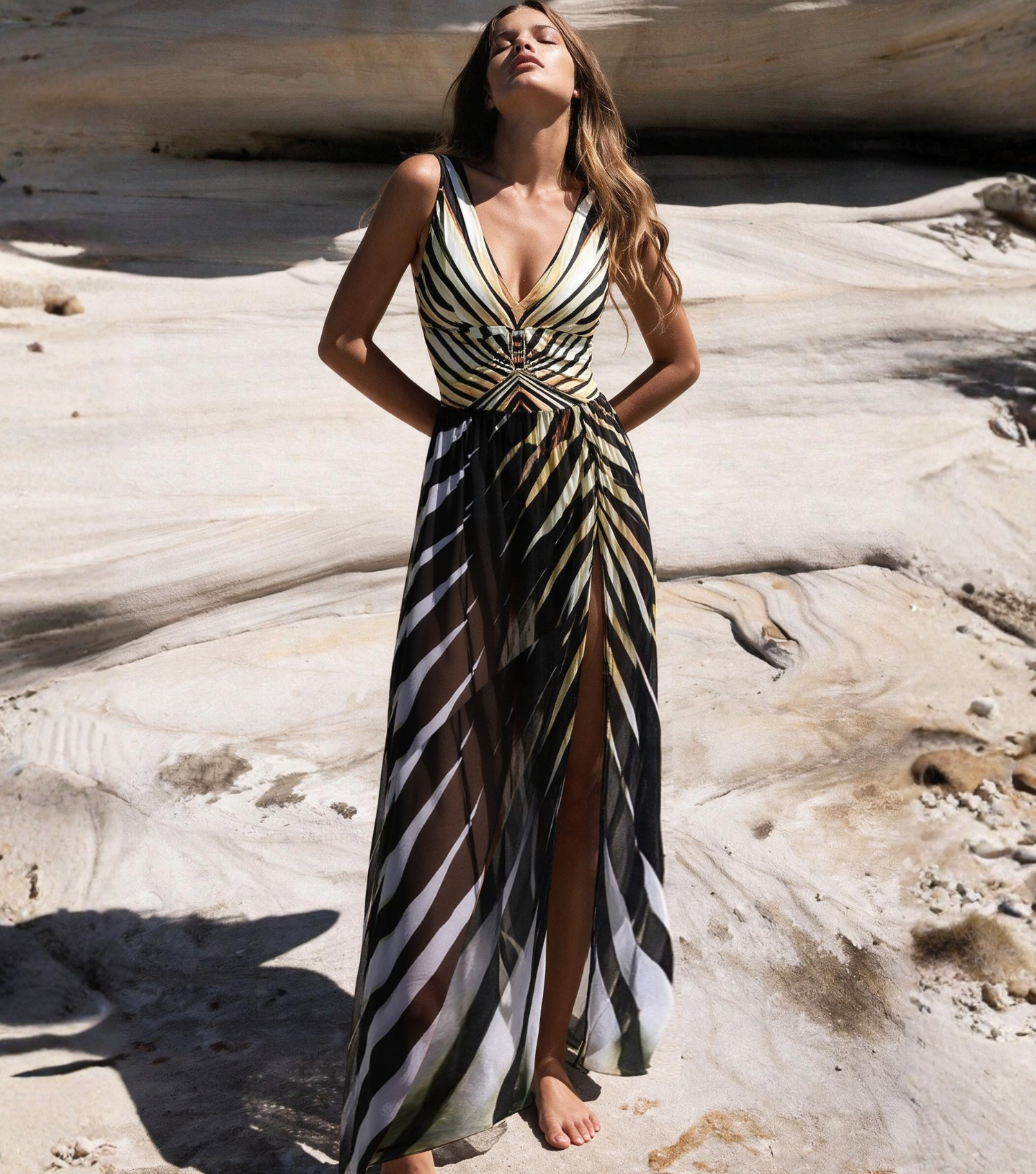 V-neck Tiger Stripe Print One Piece Swimsuit and Skirt