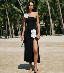 Oblique Shoulder 3D Flower Color Block One Piece Swimsuit And Skirt