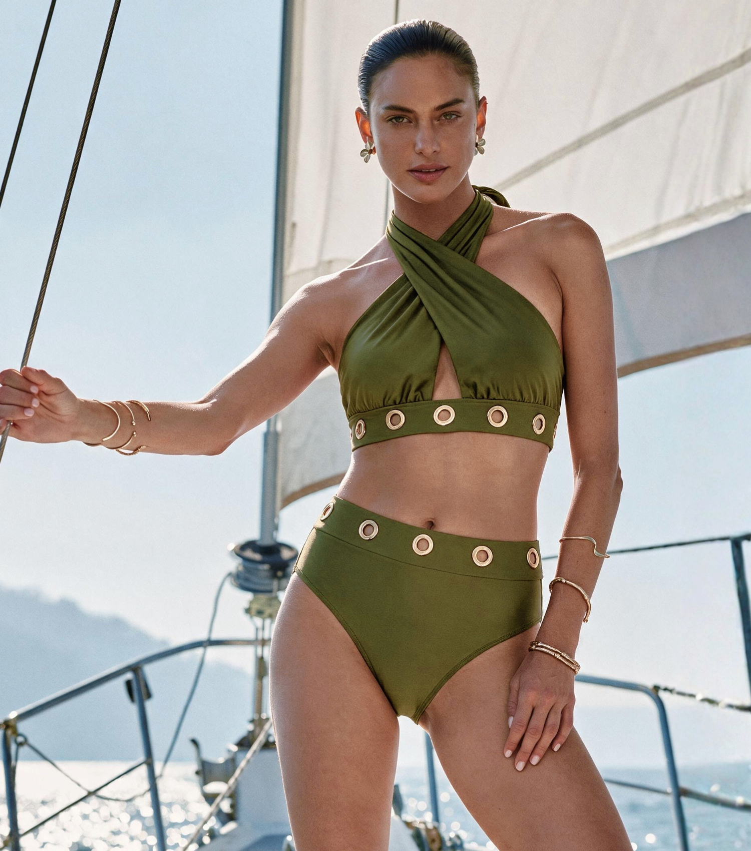 Halter-neck Olive Green Hollow Out Swimsuit Set(s)