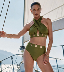Halter-neck Olive Green Hollow Out Swimsuit Set(s)