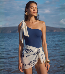 One Shoulder Bow Blue Solid Color Swimsuit Set(s)