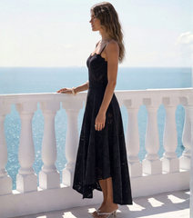 Black Laser Cut Hollow One Piece Swimsuit and Skirt