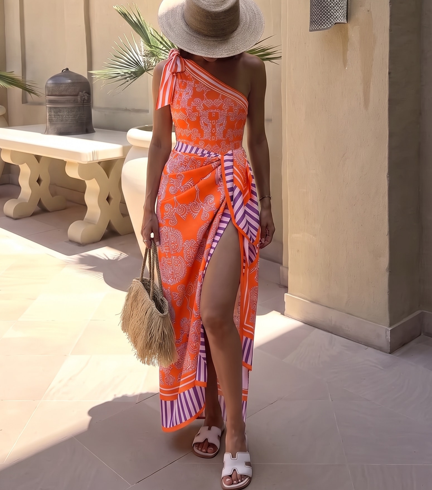 One Shoulder Bow Tie Striped Tribal Print Swimsuit Set(s)