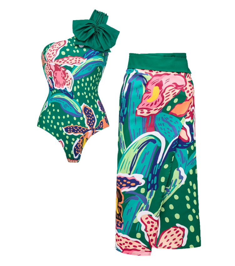 Plus Size Tropic Printed One Shoulder One Piece Swimsuit and Sarong Flaxmaker
