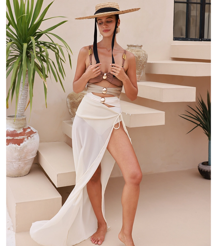 Plus Size Color Block Cutout One Piece Swimsuit and Sarong