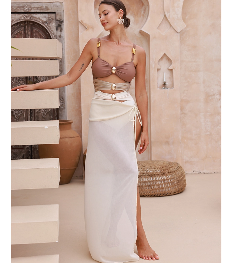 Plus Size Color Block Cutout One Piece Swimsuit and Sarong
