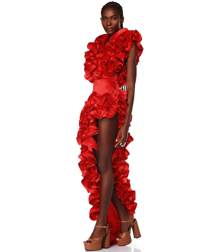 Plus Size Frilled V Neck Red One Piece Swimsuit and Skirt Flaxmaker
