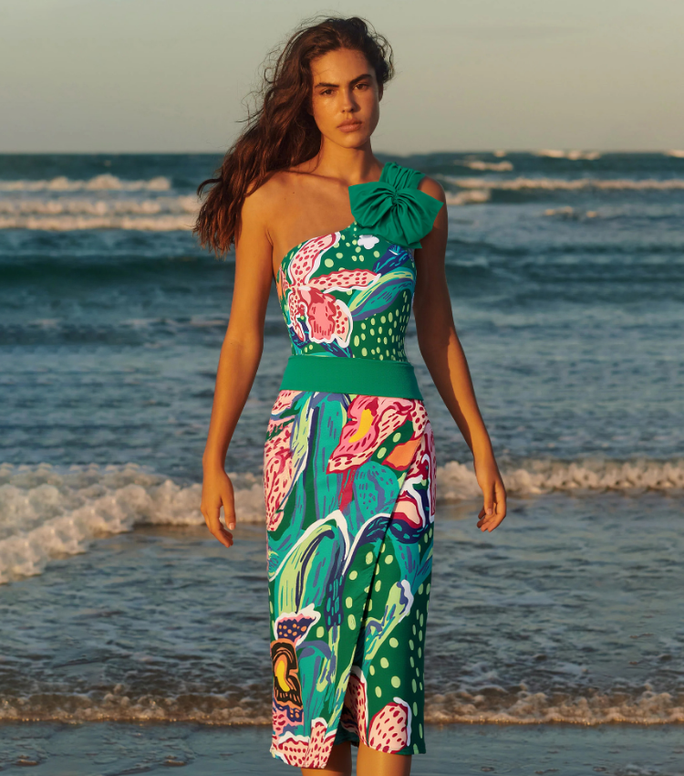 Tropic Printed One Shoulder One Piece Swimsuit and Sarong Flaxmaker